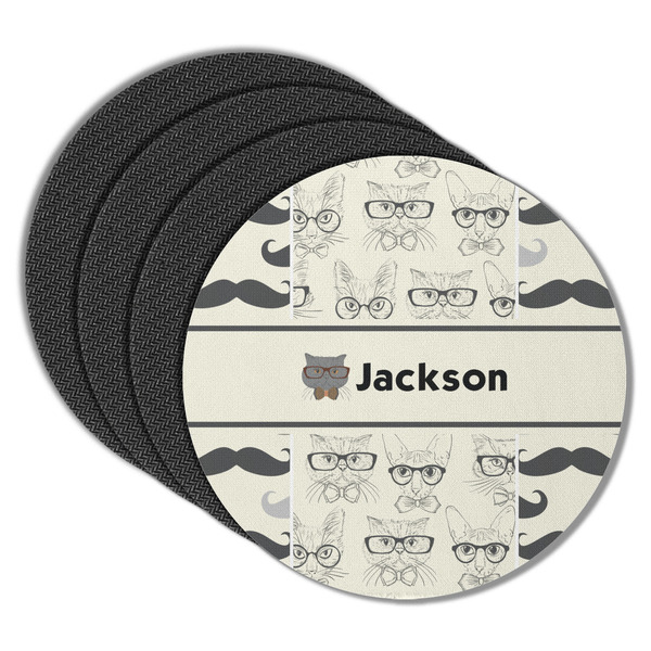 Hipster Cats & Mustache Round Coaster Rubber Back - Main