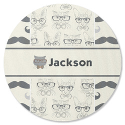 Hipster Cats & Mustache Round Rubber Backed Coaster (Personalized)