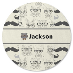 Hipster Cats & Mustache Round Rubber Backed Coaster (Personalized)
