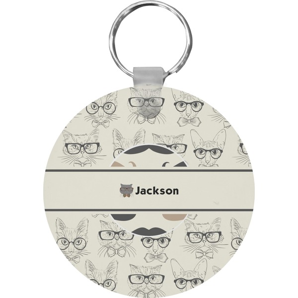 Custom Hipster Cats & Mustache Round Plastic Keychain (Personalized)