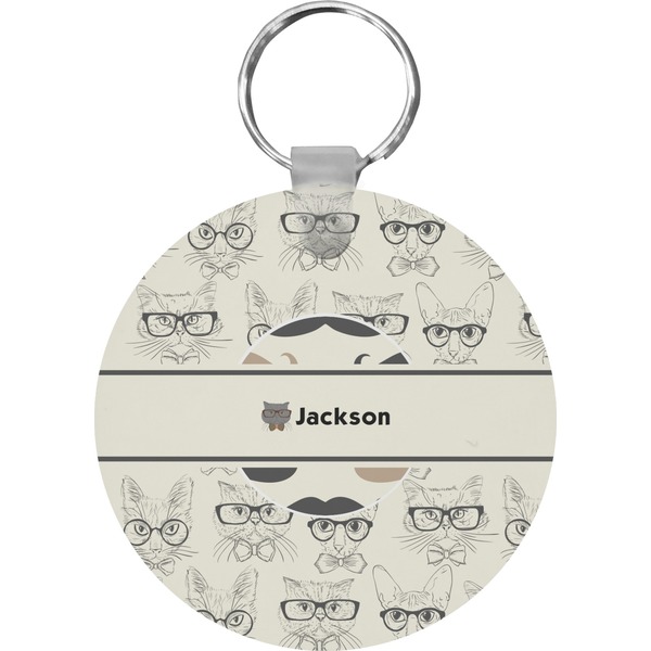 Hipster Cats & Mustache Round Keychain (Personalized)