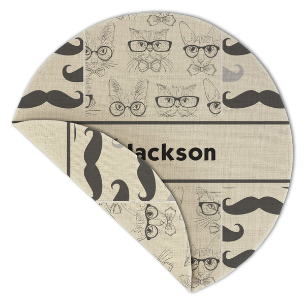 Hipster Cats & Mustache Round Linen Placemats - Front (folded corner double sided)
