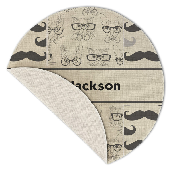 Hipster Cats & Mustache Round Linen Placemats - Front (folded corner single sided)
