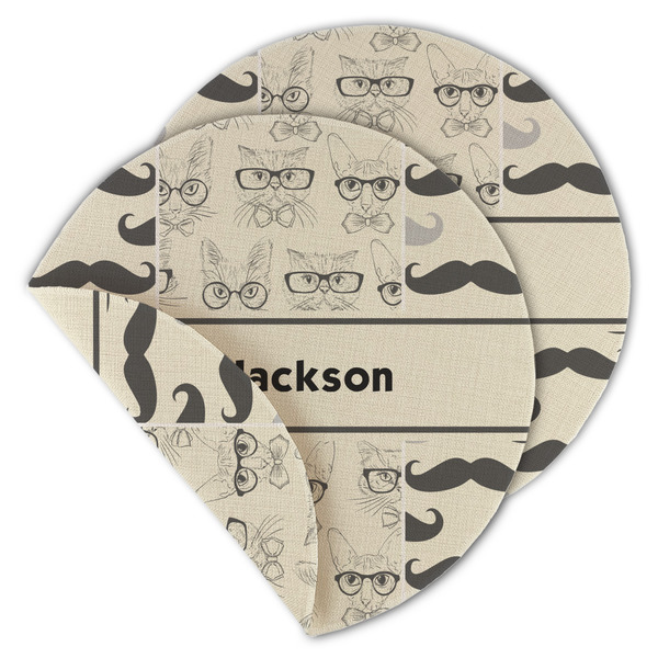 Hipster Cats & Mustache Round Linen Placemats - MAIN (Double-Sided)