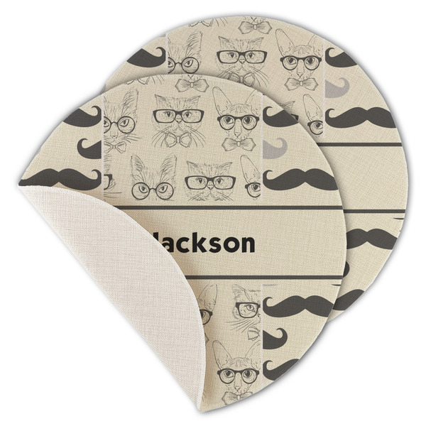 Hipster Cats & Mustache Round Linen Placemats - MAIN (Single Sided)