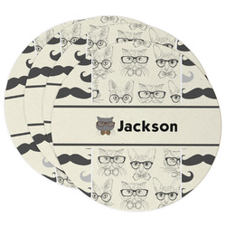Hipster Cats & Mustache Round Paper Coasters w/ Name or Text