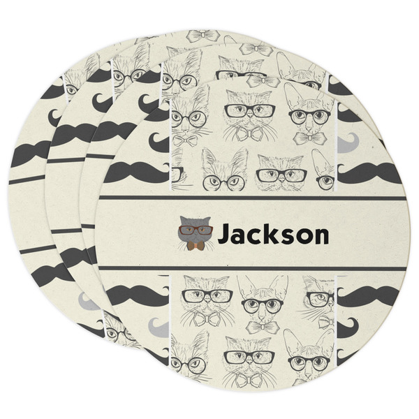 Custom Hipster Cats & Mustache Round Paper Coasters w/ Name or Text