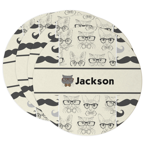 Custom Hipster Cats & Mustache Round Paper Coasters w/ Name or Text