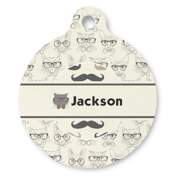 Custom Hipster Cats & Mustache Round Pet ID Tag (Personalized)