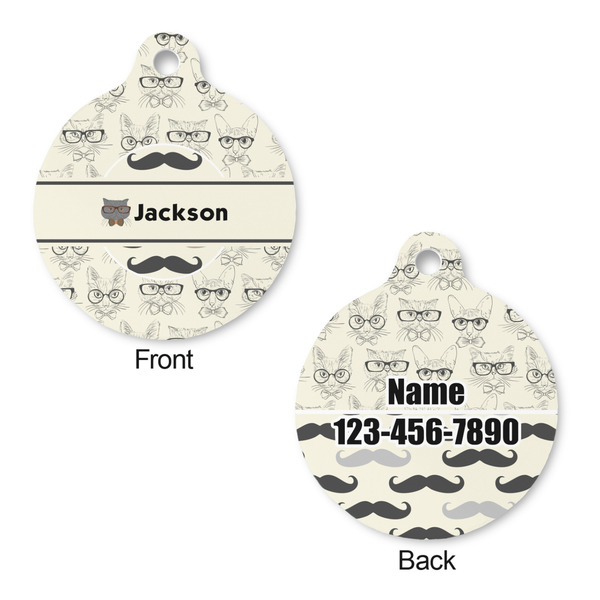 Hipster Cats & Mustache Round Pet Tag - Front & Back