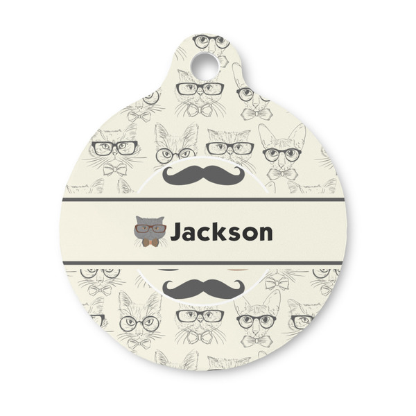 Custom Hipster Cats & Mustache Round Pet ID Tag - Small (Personalized)