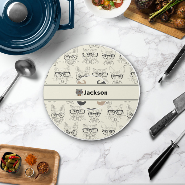 Hipster Cats & Mustache Round Stone Trivet - In Context View