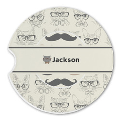 Hipster Cats & Mustache Sandstone Car Coaster - Single (Personalized)