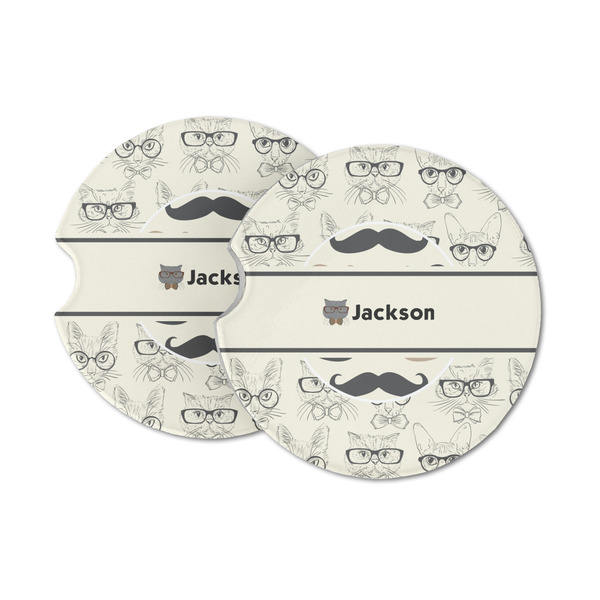 Custom Hipster Cats & Mustache Sandstone Car Coasters - Set of 2 (Personalized)
