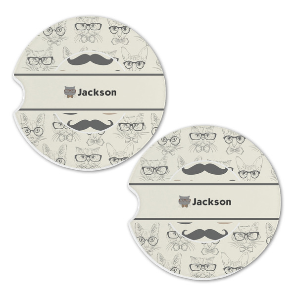 Hipster Cats & Mustache Sandstone Car Coasters - Set of 2