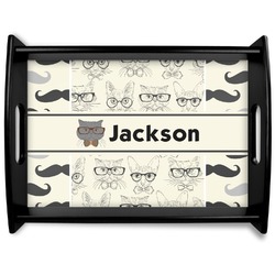 Hipster Cats & Mustache Black Wooden Tray - Large (Personalized)