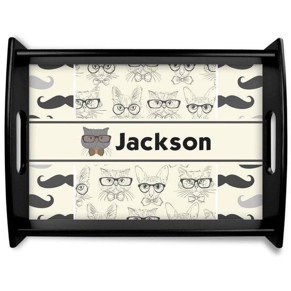 Custom Hipster Cats & Mustache Black Wooden Tray - Large (Personalized)