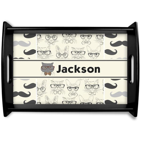 Custom Hipster Cats & Mustache Black Wooden Tray - Small (Personalized)
