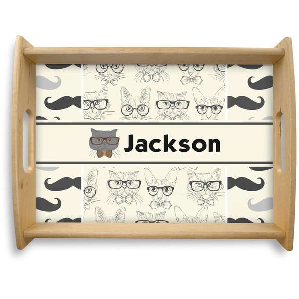 Custom Hipster Cats & Mustache Natural Wooden Tray - Large (Personalized)