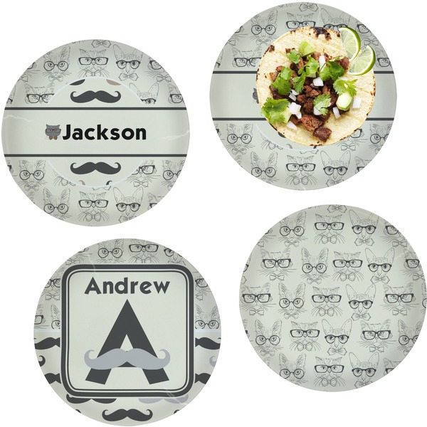Custom Hipster Cats & Mustache Set of 4 Glass Lunch / Dinner Plate 10" (Personalized)
