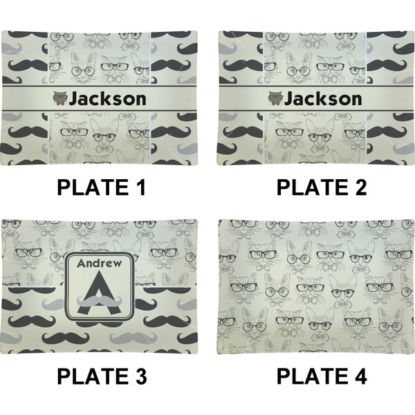 Hipster Cats & Mustache Set of Rectangular Appetizer / Dessert Plates (Approval)