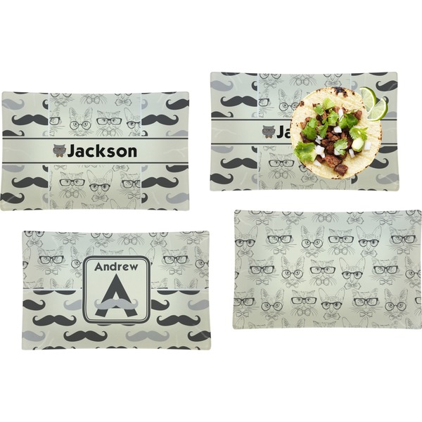 Custom Hipster Cats & Mustache Set of 4 Glass Rectangular Lunch / Dinner Plate (Personalized)