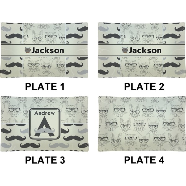 Hipster Cats & Mustache Set of Rectangular Dinner Plates (Approval)