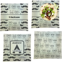 Hipster Cats & Mustache Set of 4 Glass Square Lunch / Dinner Plate 9.5" (Personalized)