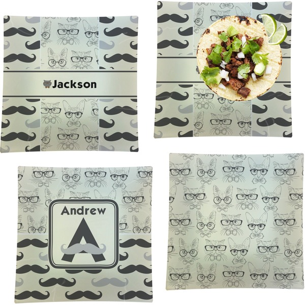 Custom Hipster Cats & Mustache Set of 4 Glass Square Lunch / Dinner Plate 9.5" (Personalized)