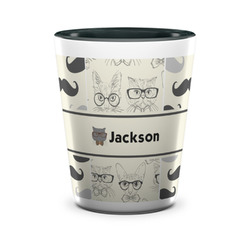 Hipster Cats & Mustache Ceramic Shot Glass - 1.5 oz - Two Tone - Set of 4 (Personalized)