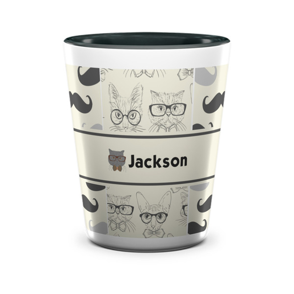 Custom Hipster Cats & Mustache Ceramic Shot Glass - 1.5 oz - Two Tone - Set of 4 (Personalized)
