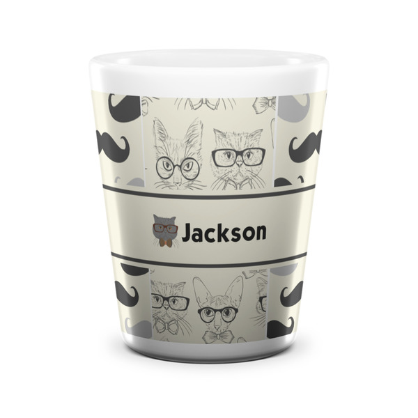 Custom Hipster Cats & Mustache Ceramic Shot Glass - 1.5 oz - White - Single (Personalized)