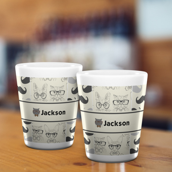 Hipster Cats & Mustache Shot Glass - White - LIFESTYLE