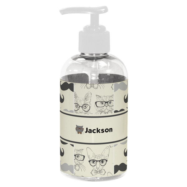 Custom Hipster Cats & Mustache Plastic Soap / Lotion Dispenser (8 oz - Small - White) (Personalized)