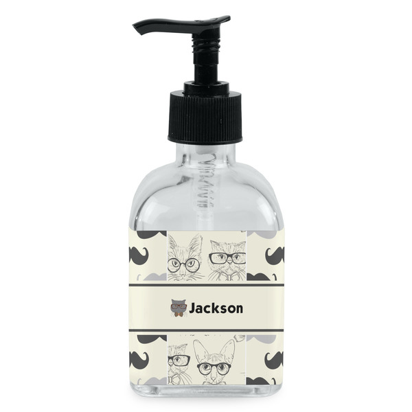 Custom Hipster Cats & Mustache Glass Soap & Lotion Bottle - Single Bottle (Personalized)