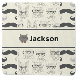 Hipster Cats & Mustache Square Rubber Backed Coaster (Personalized)