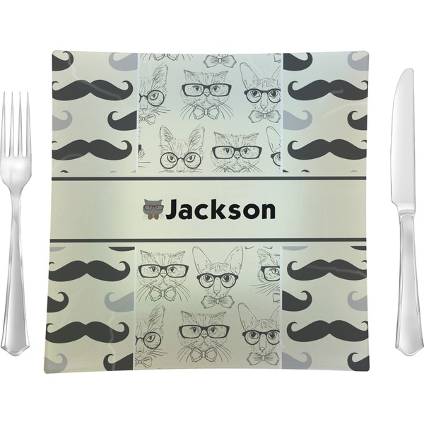 Custom Hipster Cats & Mustache 9.5" Glass Square Lunch / Dinner Plate- Single or Set of 4 (Personalized)