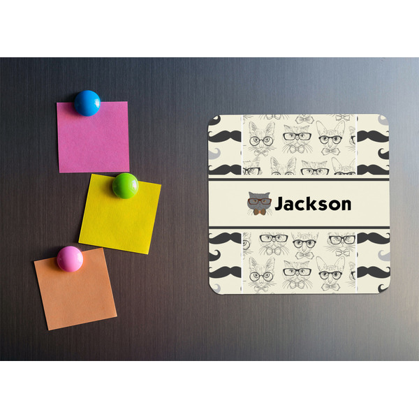 Hipster Cats & Mustache Square Fridge Magnet - LIFESTYLE
