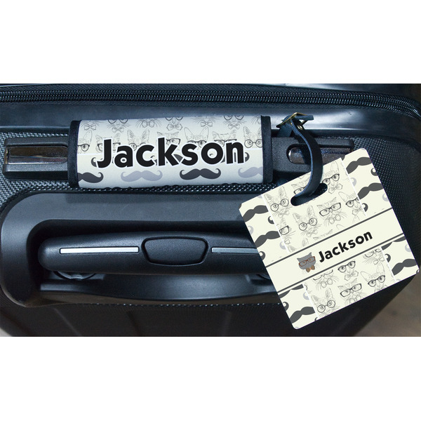 Hipster Cats & Mustache Square Luggage Tag & Handle Wrap - In Context
