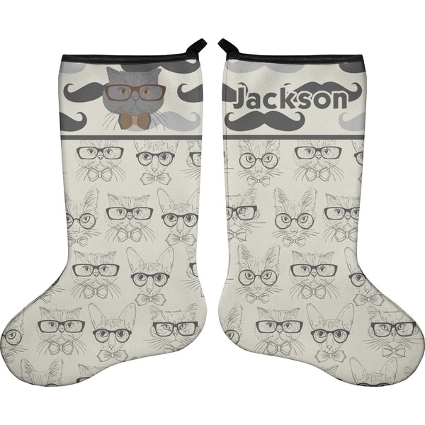 Custom Hipster Cats & Mustache Holiday Stocking - Double-Sided - Neoprene (Personalized)