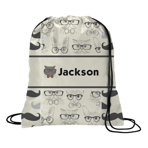 Custom Hipster Cats & Mustache Drawstring Backpack - Large (Personalized)