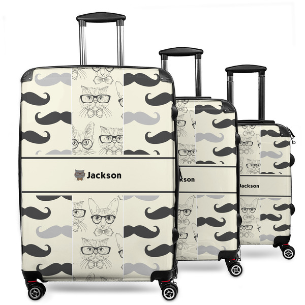 Custom Hipster Cats & Mustache 3 Piece Luggage Set - 20" Carry On, 24" Medium Checked, 28" Large Checked (Personalized)
