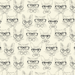 Hipster Cats & Mustache Fabric by the Yard - Spun Polyester Poplin