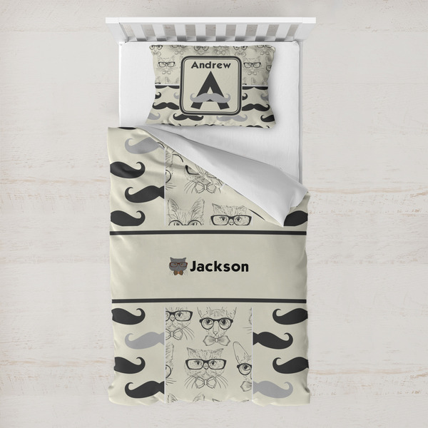 Custom Hipster Cats & Mustache Toddler Bedding w/ Name or Text