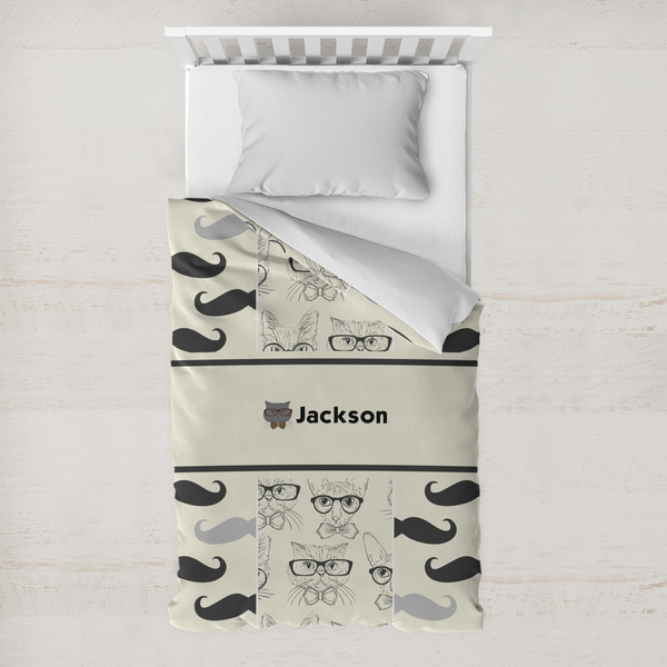 Custom Hipster Cats & Mustache Toddler Duvet Cover w/ Name or Text