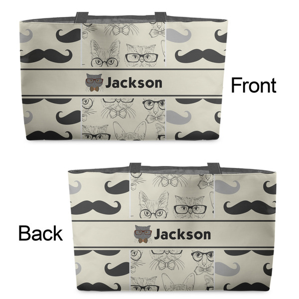 Hipster Cats & Mustache Tote w/Black Handles - Front & Back Views