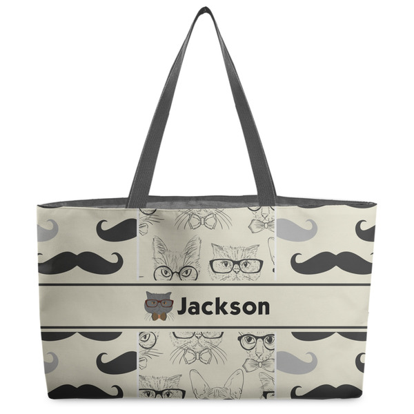 Custom Hipster Cats & Mustache Beach Totes Bag - w/ Black Handles (Personalized)