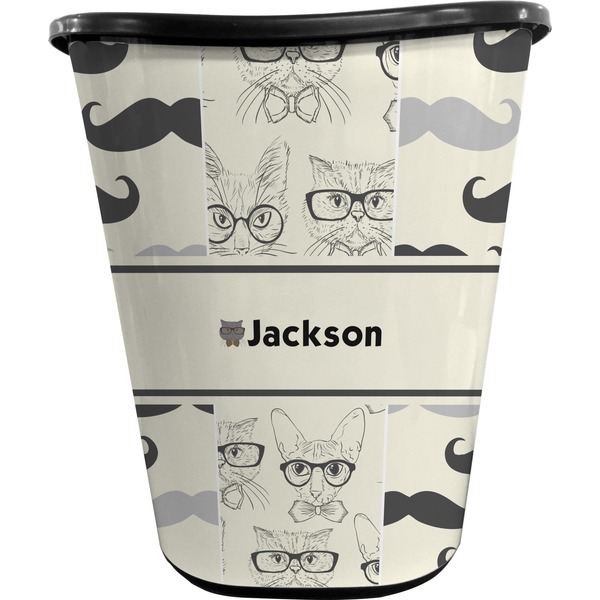 Custom Hipster Cats & Mustache Waste Basket - Double Sided (Black) (Personalized)