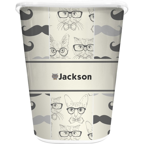 Custom Hipster Cats & Mustache Waste Basket - Single Sided (White) (Personalized)
