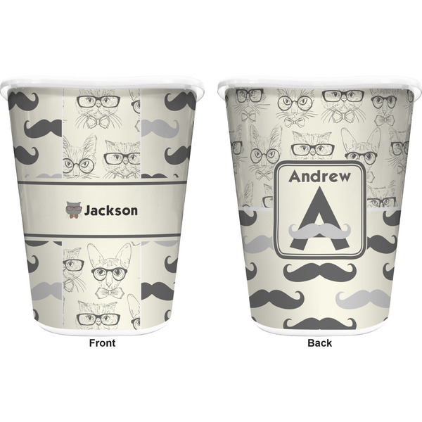 Hipster Cats & Mustache Trash Can White - Front and Back - Apvl